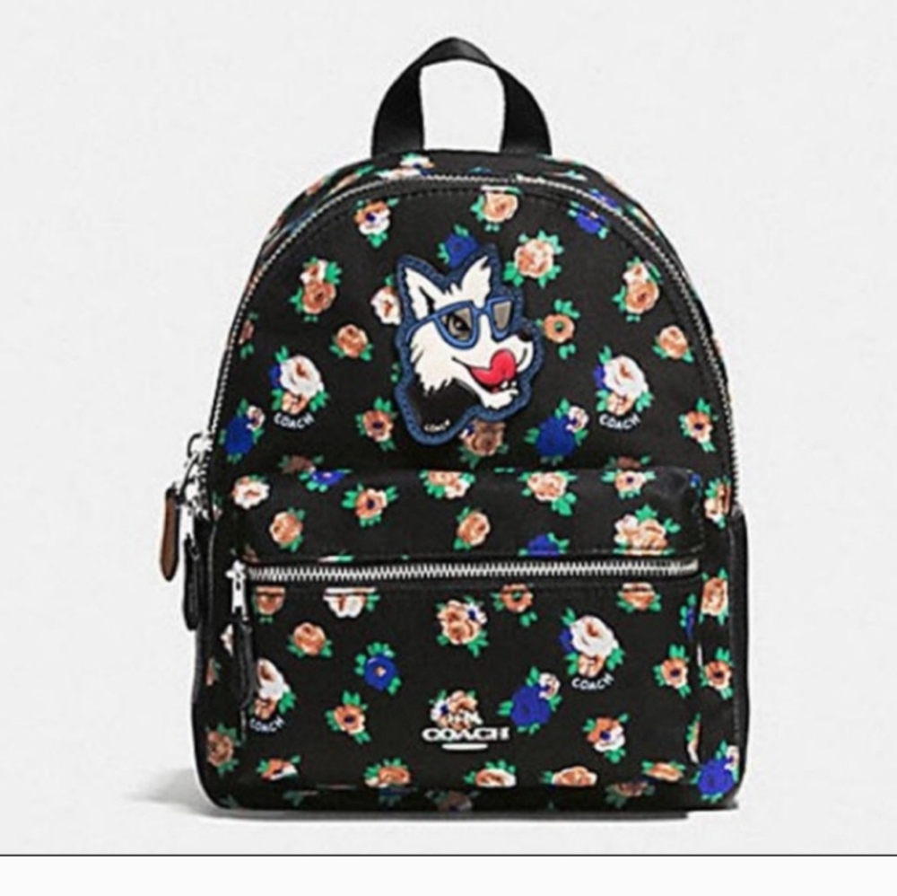 Coach Charlie Dog tea rose floral small backpack.
